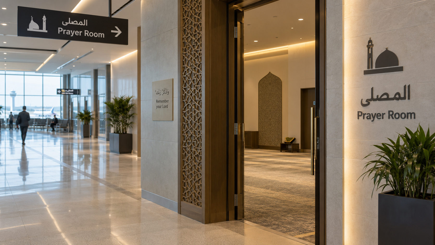 ورودی نمازخانه فرودگاه مدرن با تابلوی راهنما