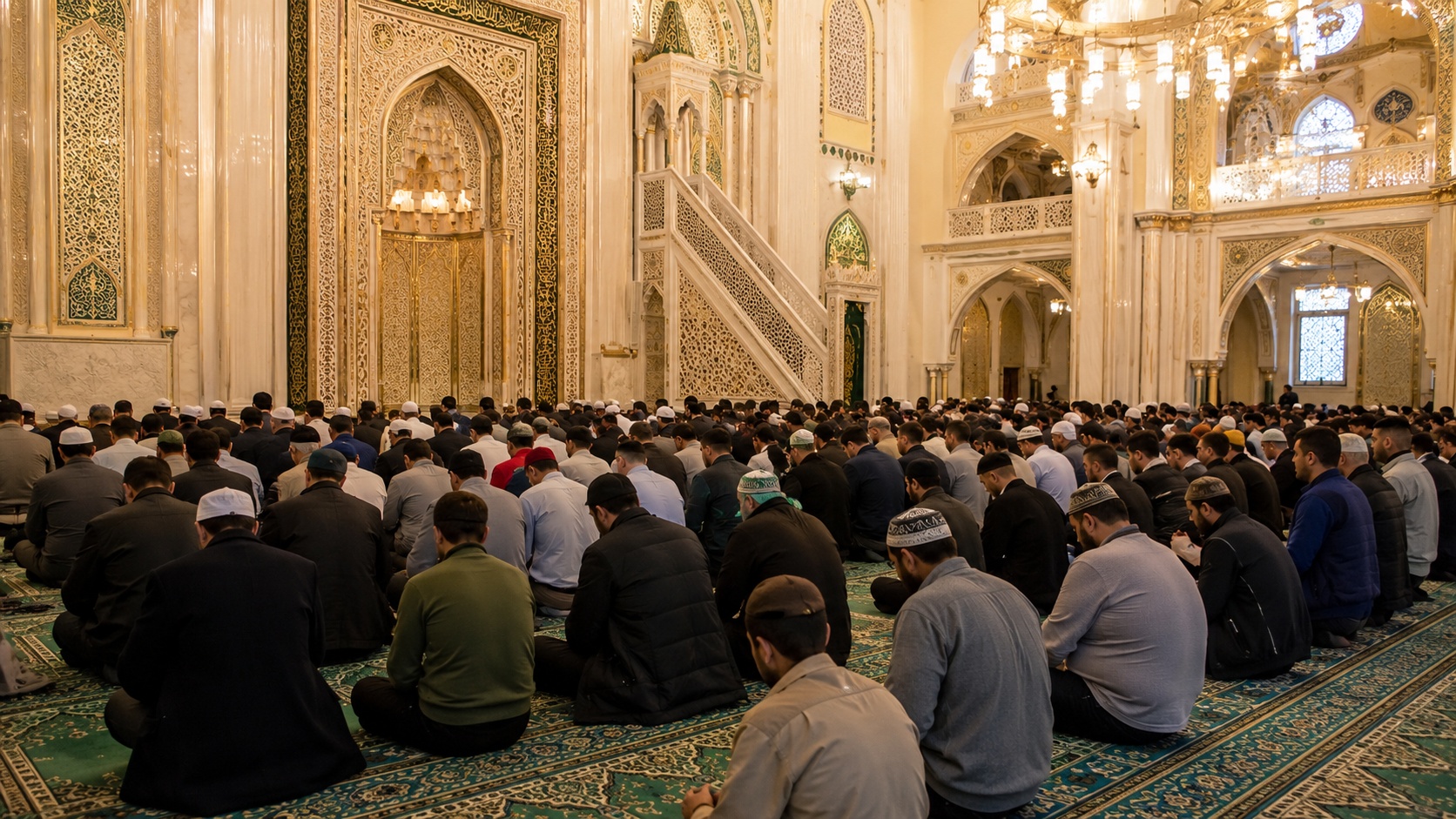مسلمانان در حال اقامه نماز جماعت داخل مسجد