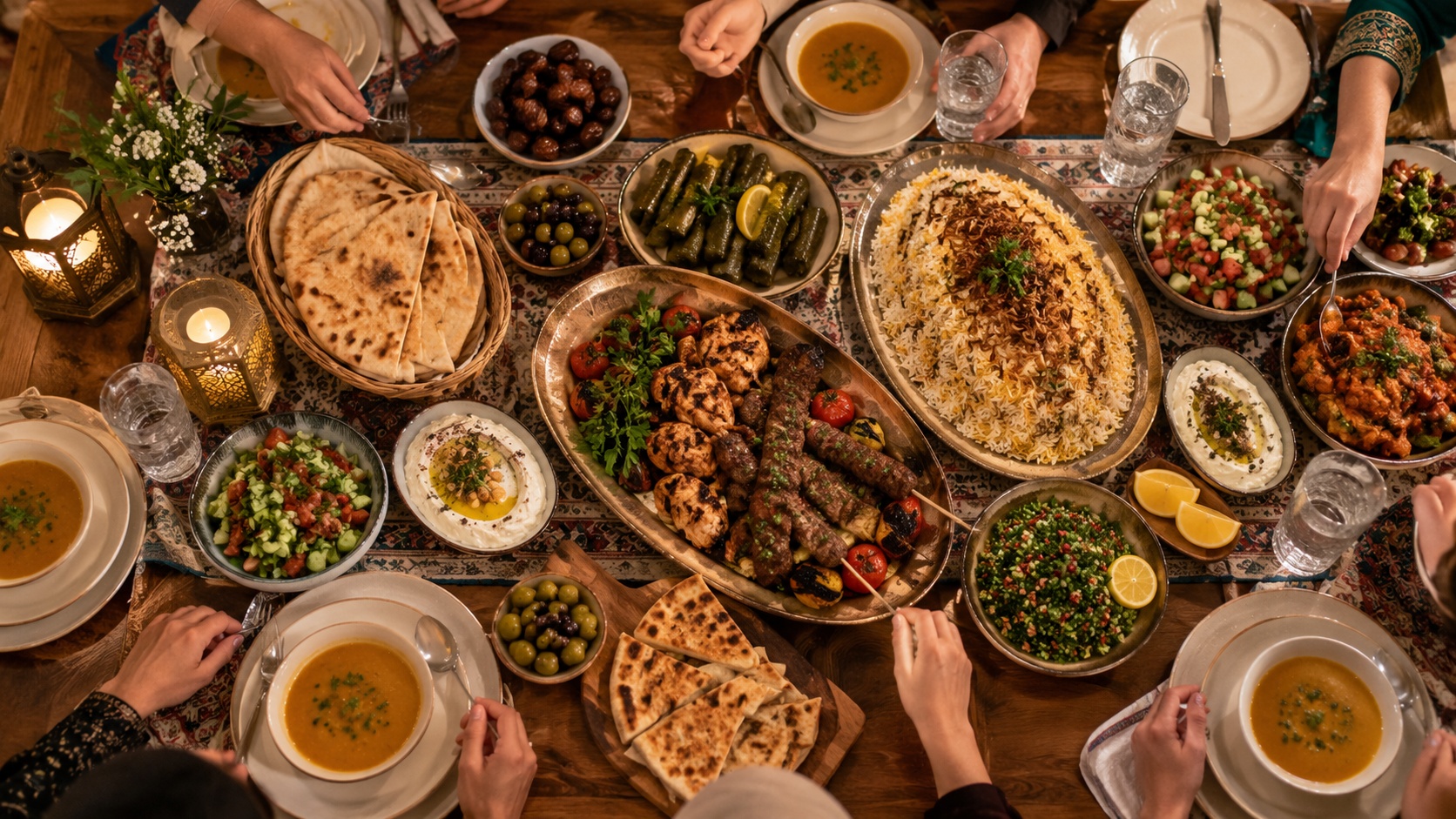سفره افطار با خرما، آب، سوپ و غذاهای سنتی